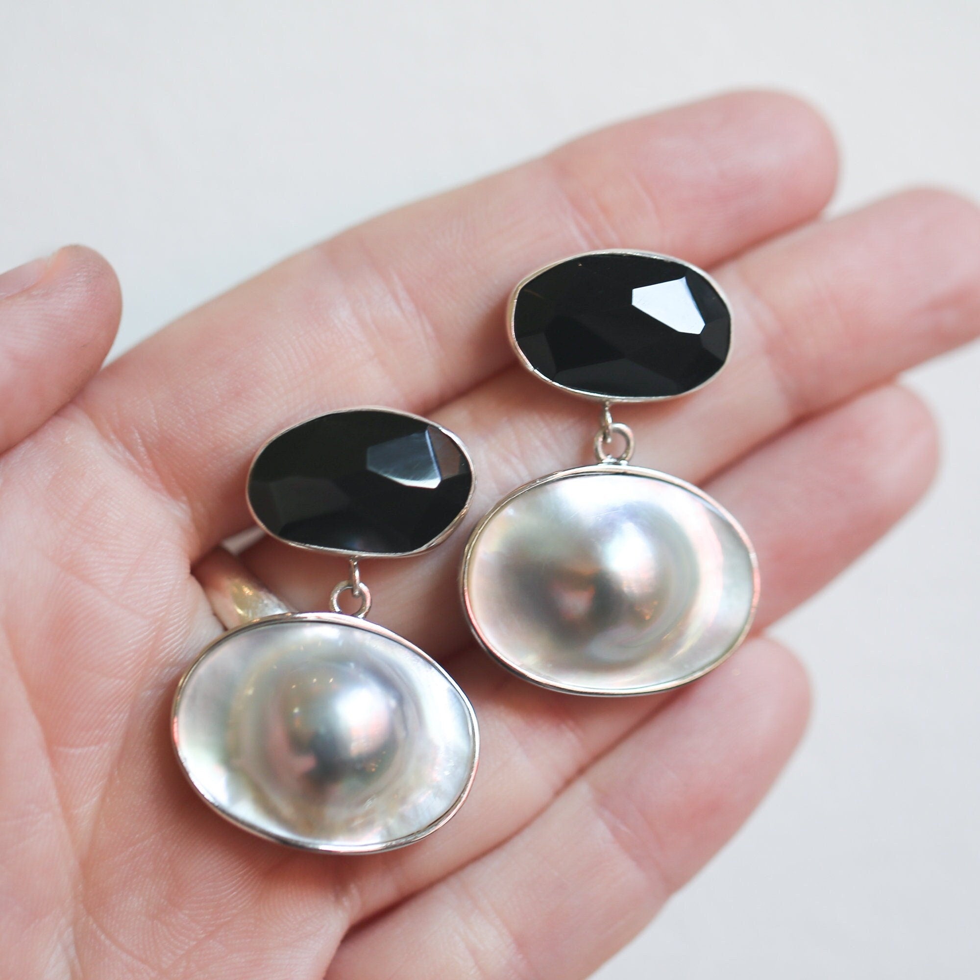Rainbow Obsidian and Blister Pearl Earrings - Elegant Post Drops - Sterling Silver