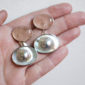 Ready to Ship - Morganite and Blister Pearl Earrings - Pearl Drop Earrings - Silversmith - OOAK