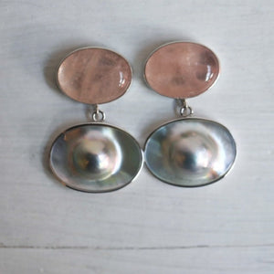 Ready to Ship - Morganite and Blister Pearl Earrings - Pearl Drop Earrings - Silversmith - OOAK