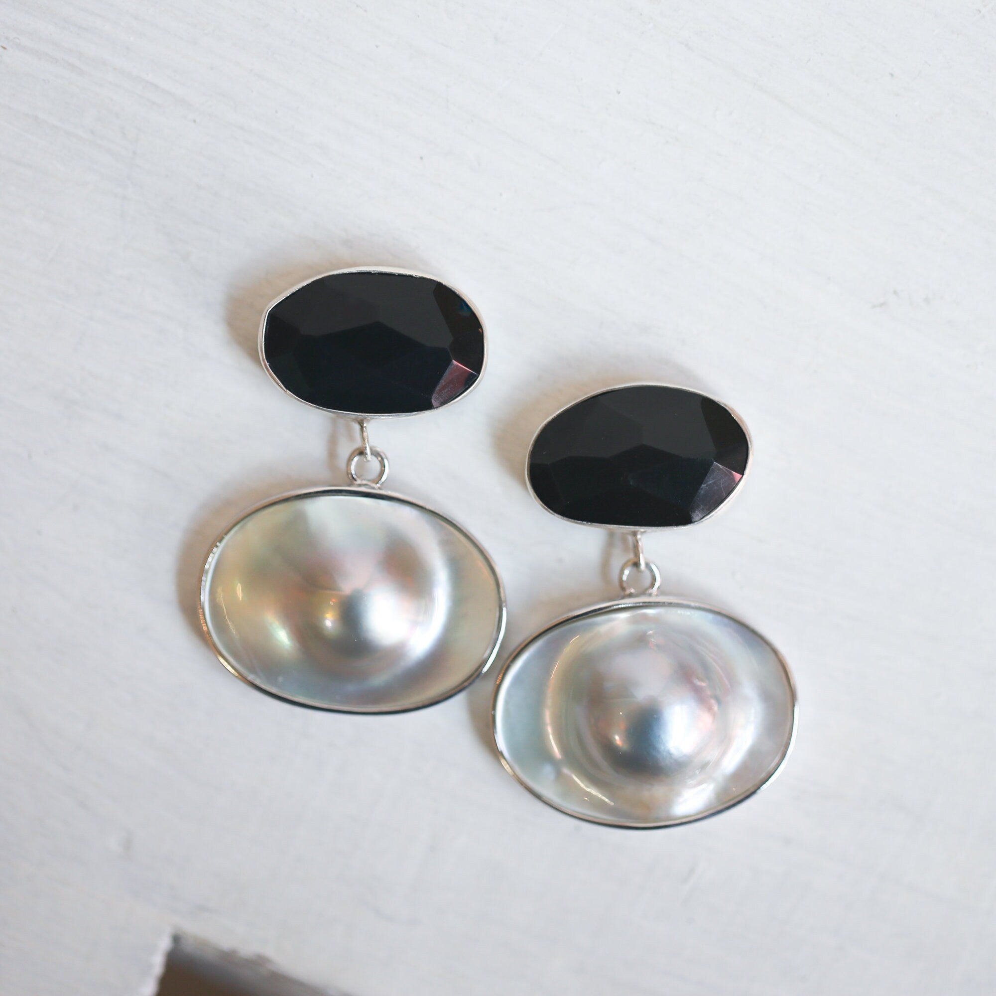 Rainbow Obsidian and Blister Pearl Earrings - Elegant Post Drops - Sterling Silver
