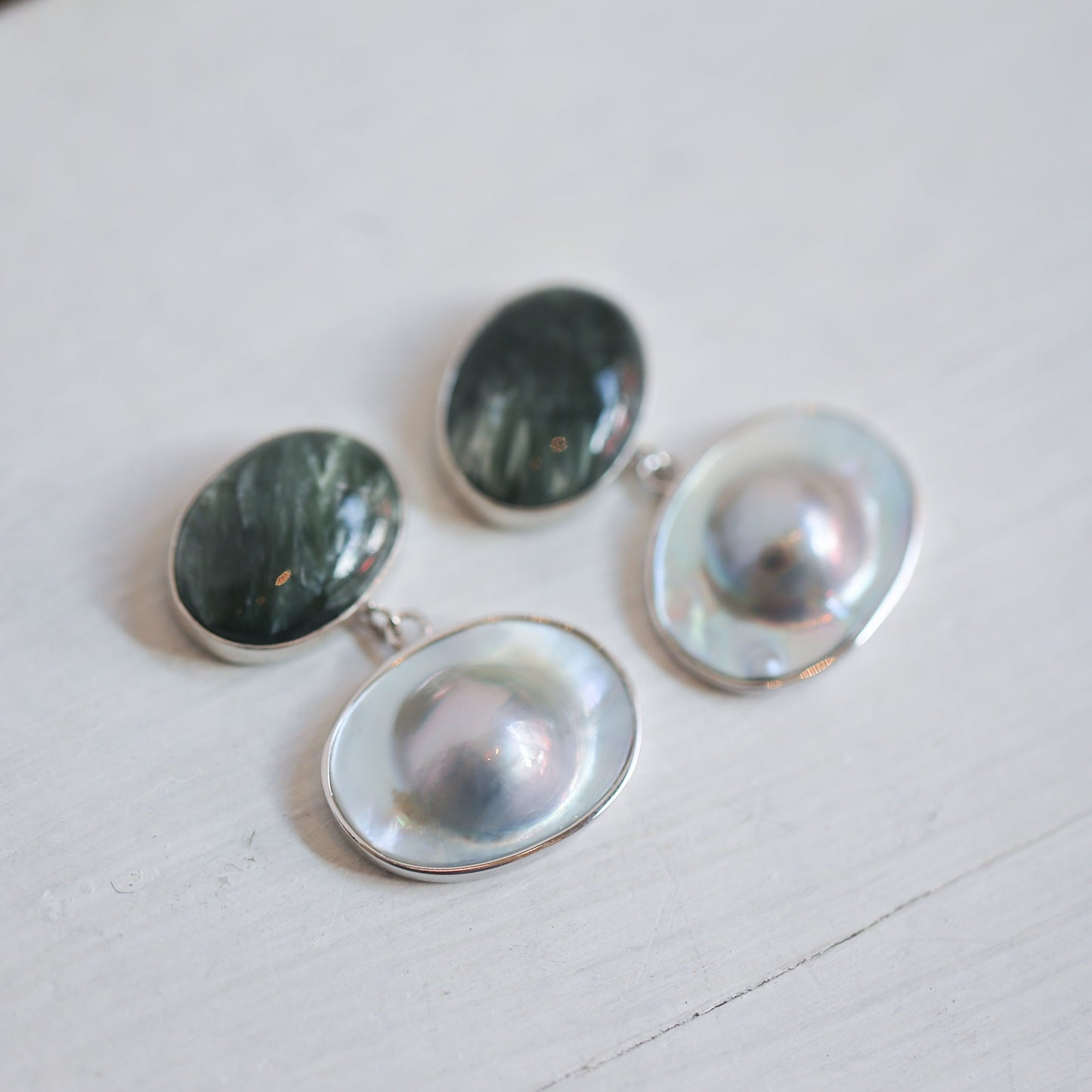 Handmade Seraphinite and Blister Pearl Sterling Silver Earrings