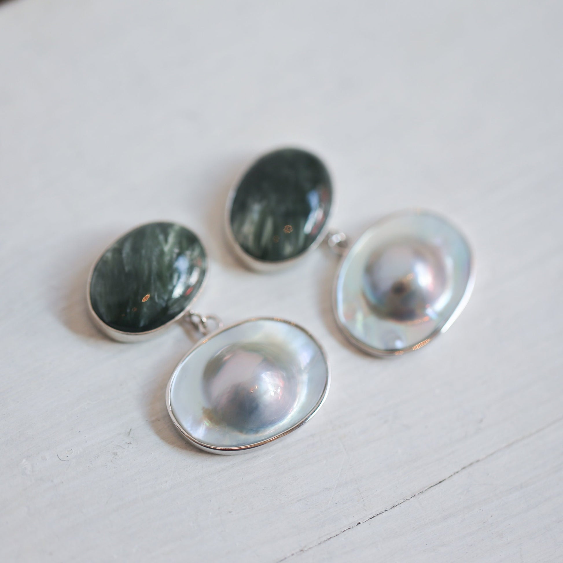 Handmade Seraphinite and Blister Pearl Sterling Silver Earrings