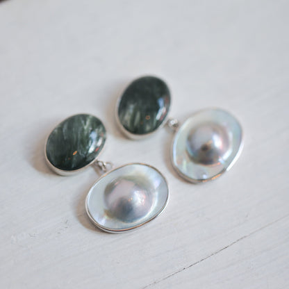 Handmade Seraphinite and Blister Pearl Sterling Silver Earrings