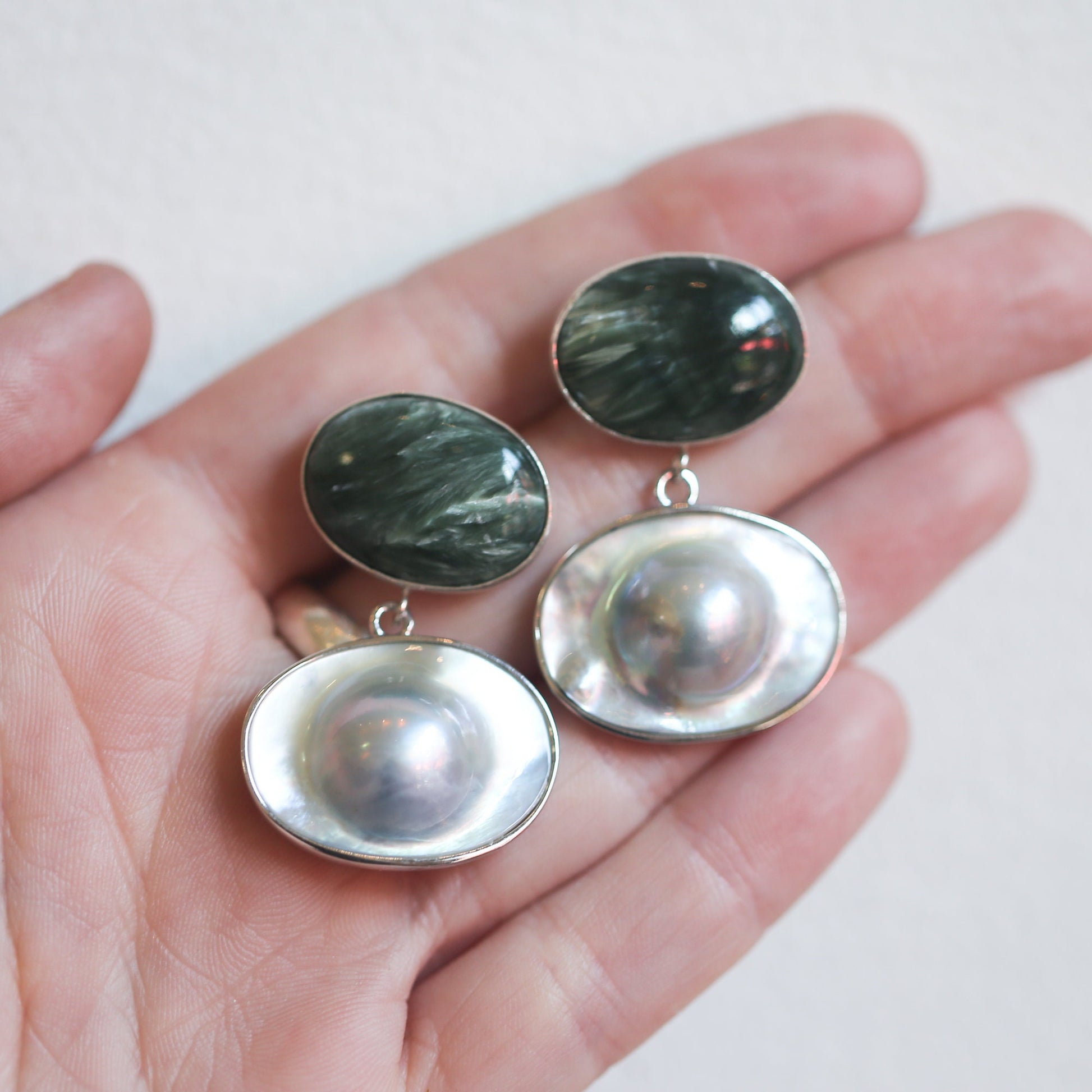 Handmade Seraphinite and Blister Pearl Sterling Silver Earrings