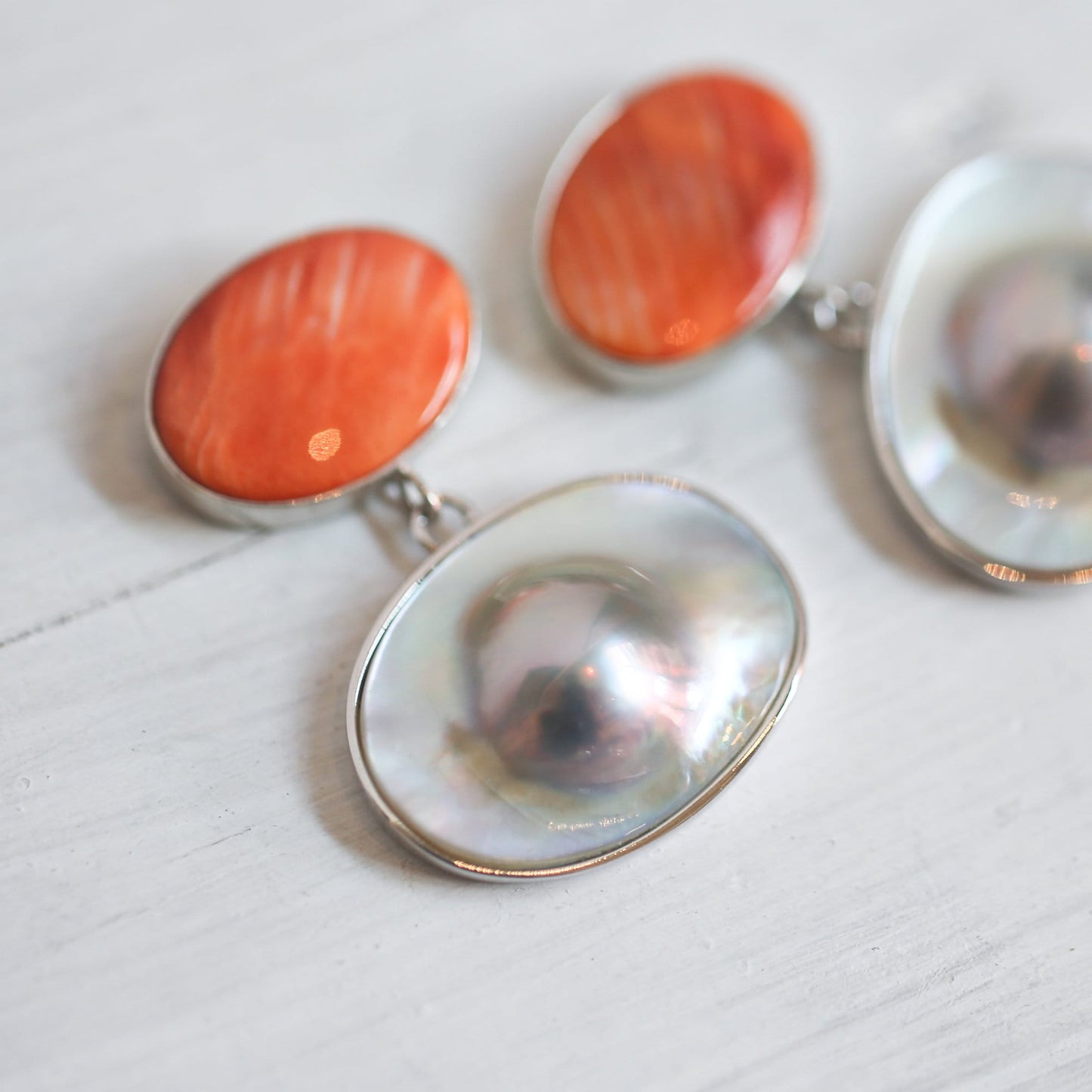 Sterling Silver Spiny Oyster and Blister Pearl Drop Earrings