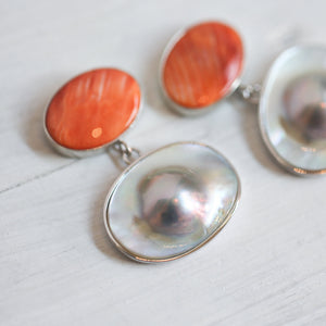 Sterling Silver Spiny Oyster and Blister Pearl Drop Earrings