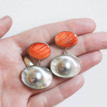 Sterling Silver Spiny Oyster and Blister Pearl Drop Earrings