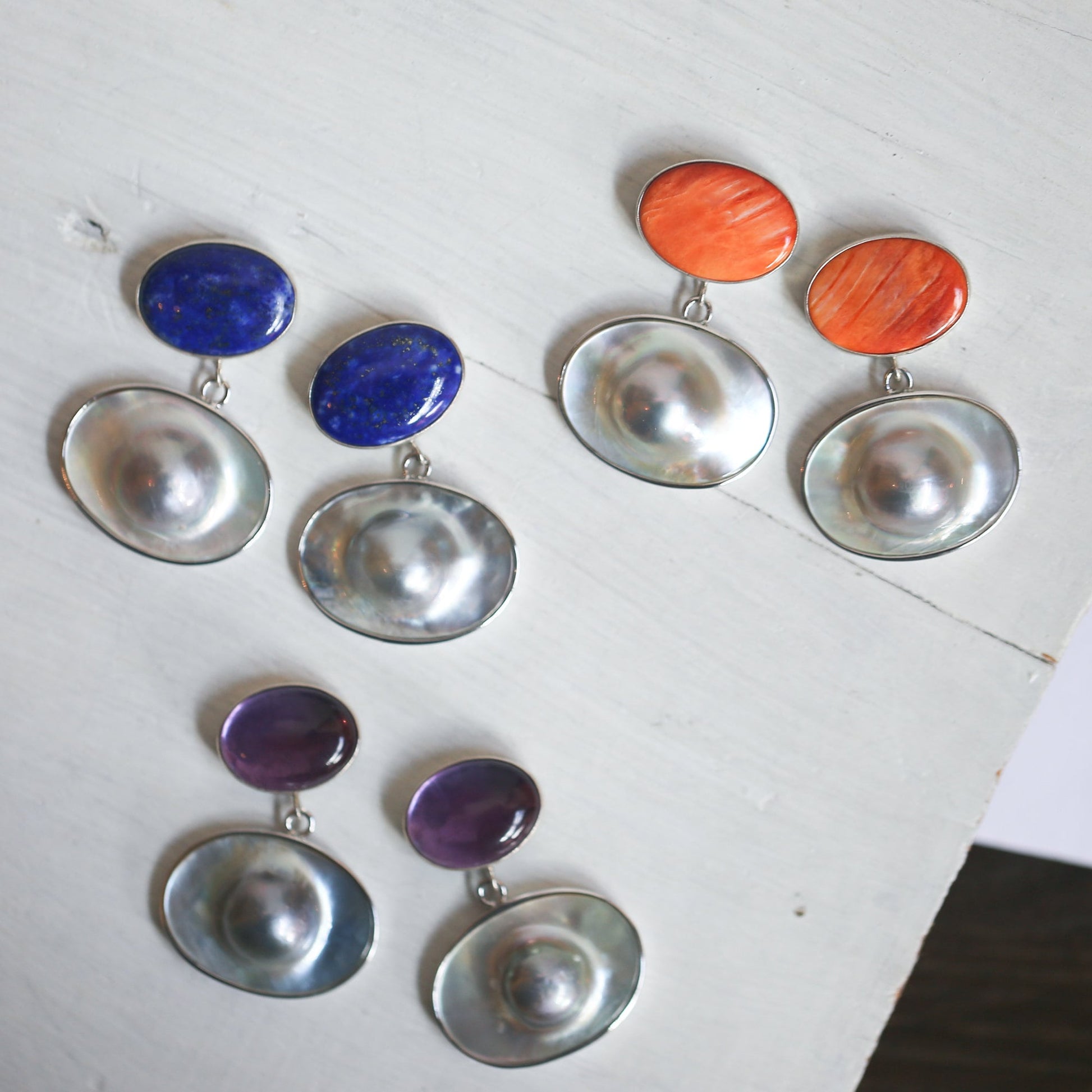 Sterling Silver Spiny Oyster and Blister Pearl Drop Earrings