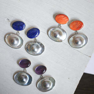 Sterling Silver Spiny Oyster and Blister Pearl Drop Earrings