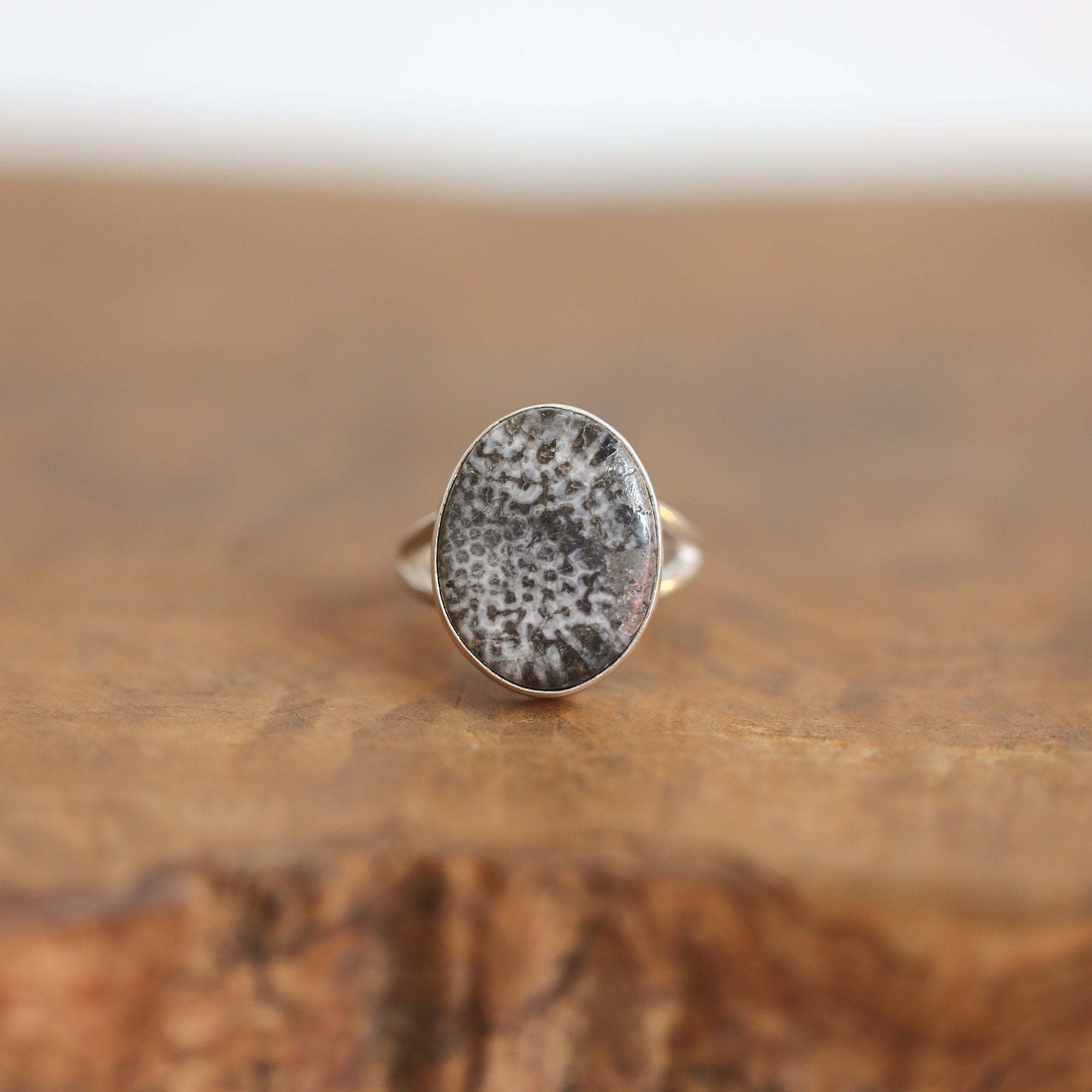 Fossilized Coral Ring - Black Fossil Coral - Ready to Ship - Fossil Ring - Sterling Silver Ring