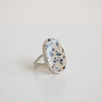 Choose your Big Oval Dalmatian Jasper Ring – Sterling Silver Spotted Stone