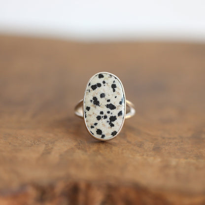Choose your Big Oval Dalmatian Jasper Ring – Sterling Silver Spotted Stone