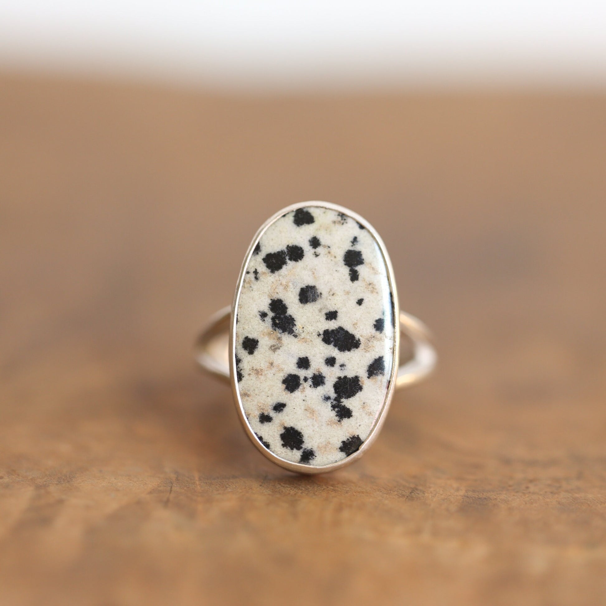 Choose your Big Oval Dalmatian Jasper Ring – Sterling Silver Spotted Stone