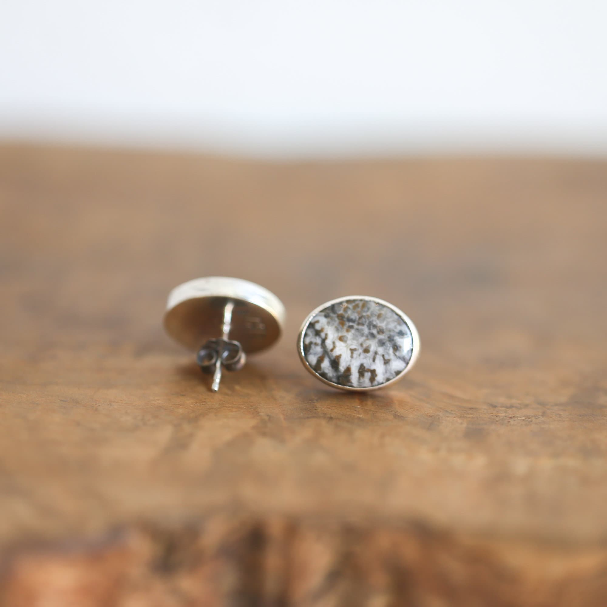 Fossilized Coral Post Earrings - Black Grey Fossil Coral Earrings - Sterling Silver