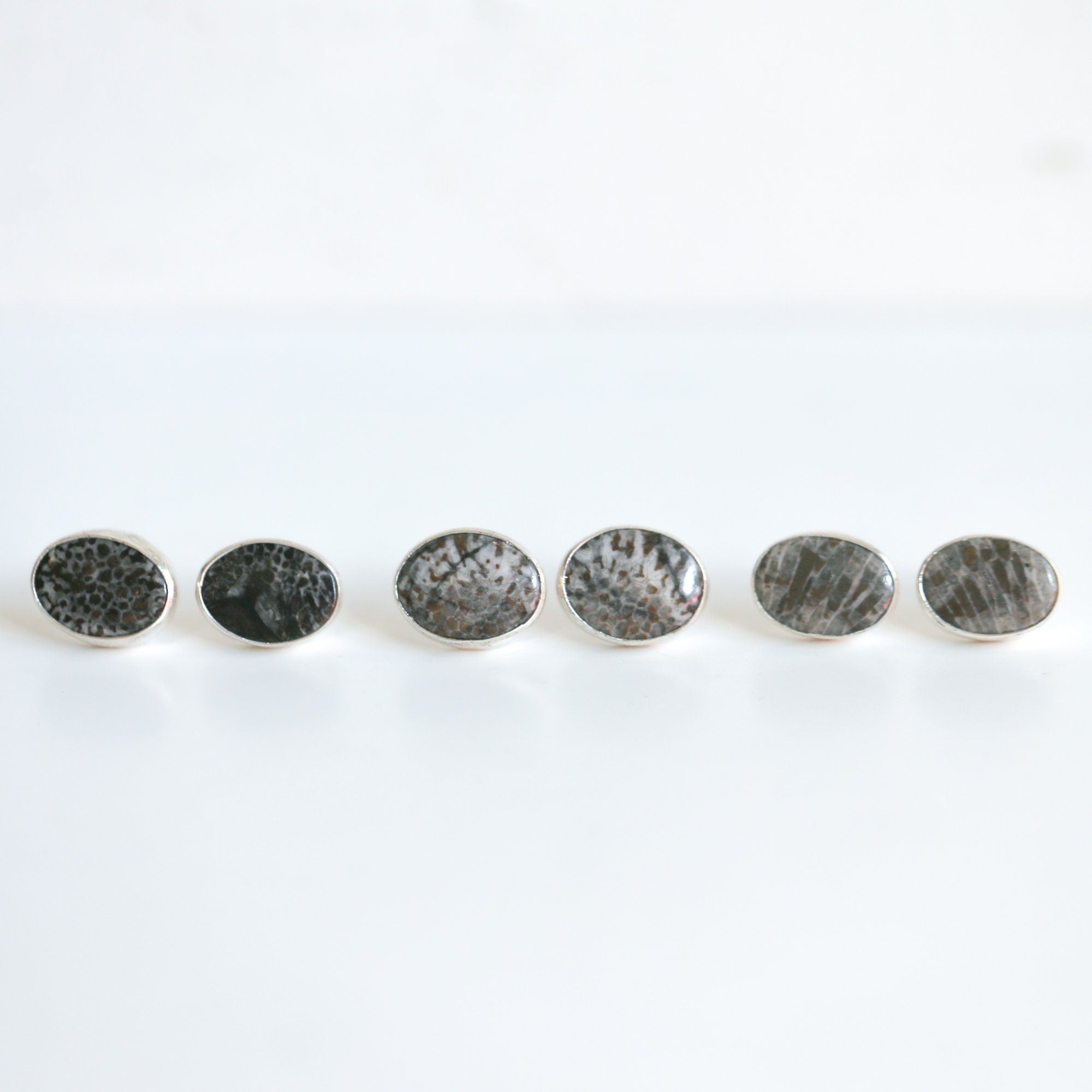 Fossilized Coral Post Earrings - Black Grey Fossil Coral Earrings - Sterling Silver