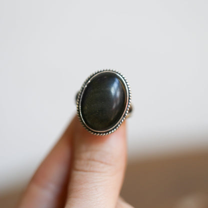 Golden Obsidian Sterling Silver Ring – Boho Statement Jewelry