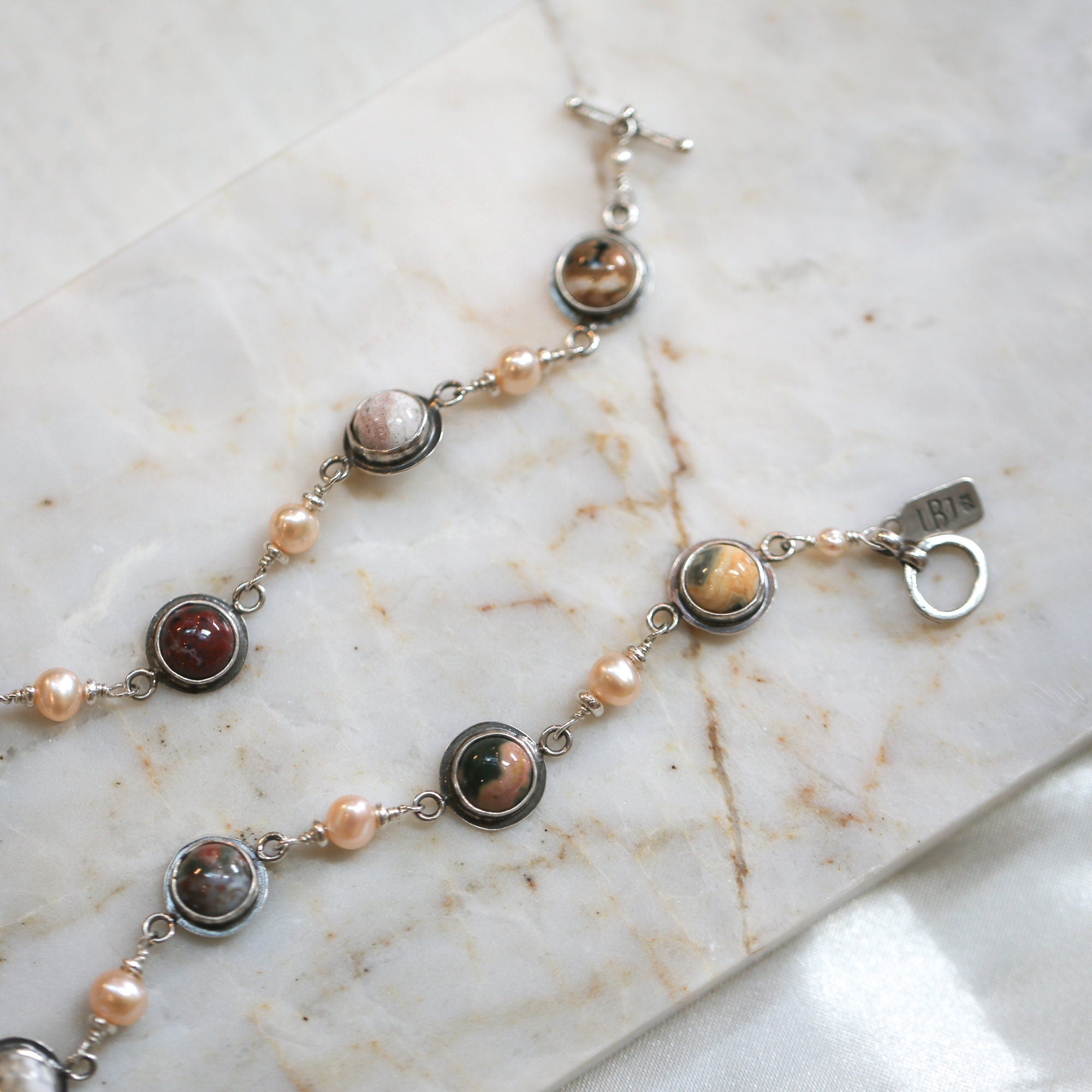 Ocean Jasper Link Bracelet - Freshwater Pearl Link Bracelet - Silversmith Bracelet