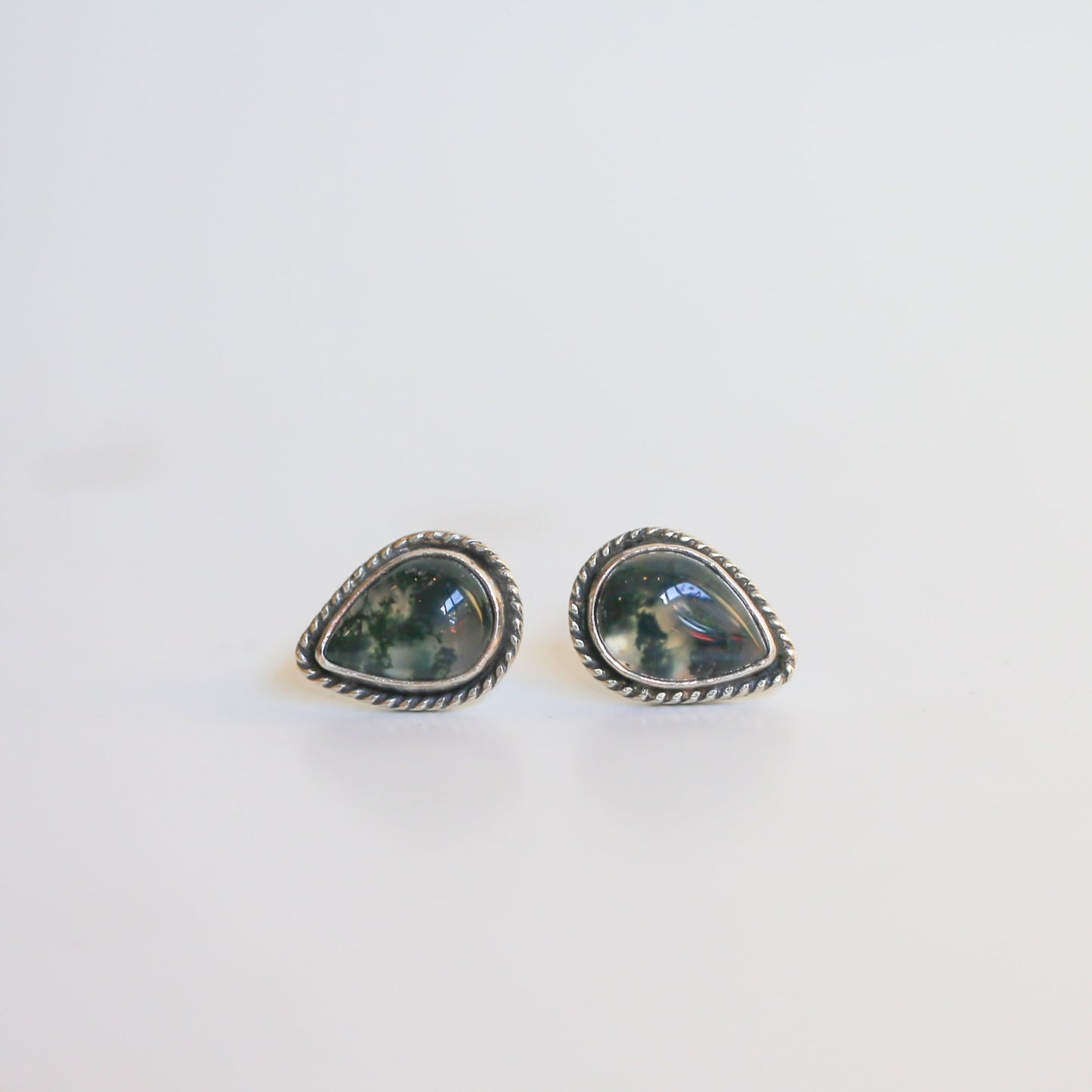 Moss Agate Sterling Silver Post Earrings - Pear Cabochons