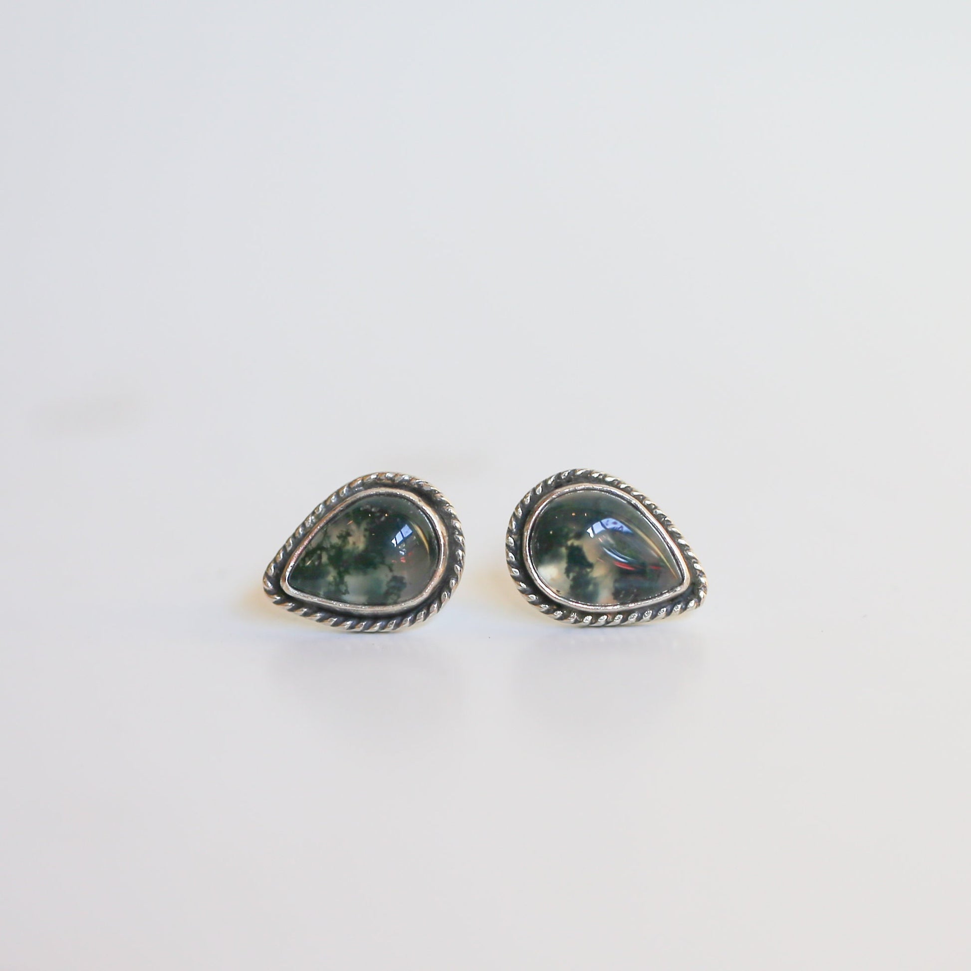 Moss Agate Sterling Silver Post Earrings - Pear Cabochons