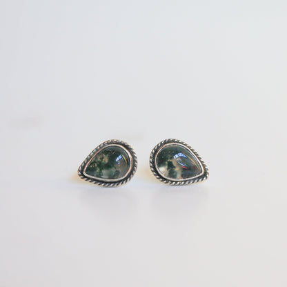 Moss Agate Sterling Silver Post Earrings - Pear Cabochons