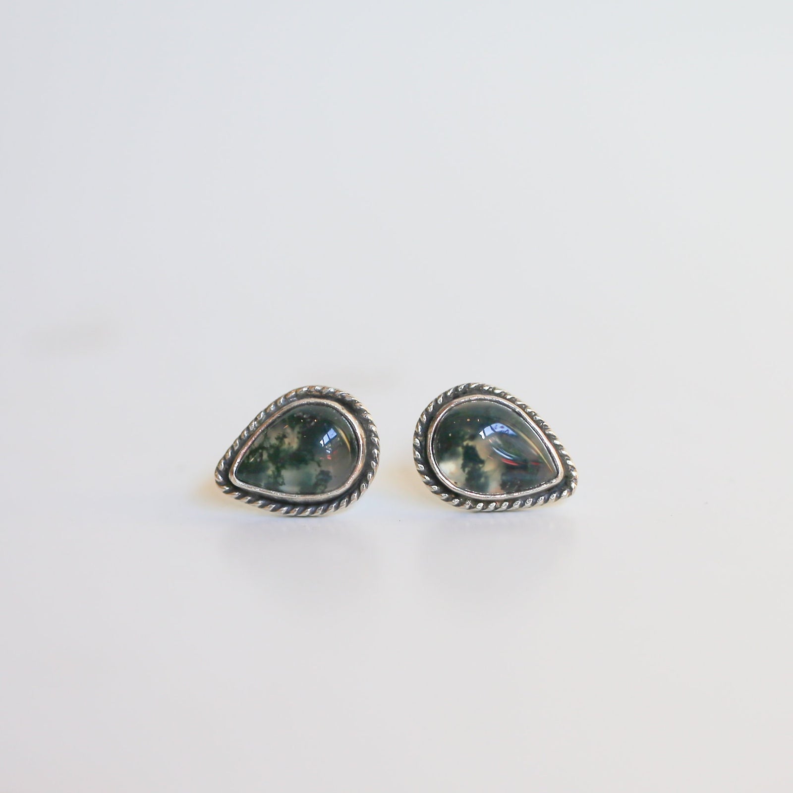 Moss Agate Sterling Silver Post Earrings - Pear Cabochons