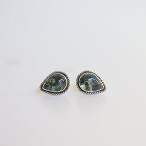 Moss Agate Sterling Silver Post Earrings - Pear Cabochons