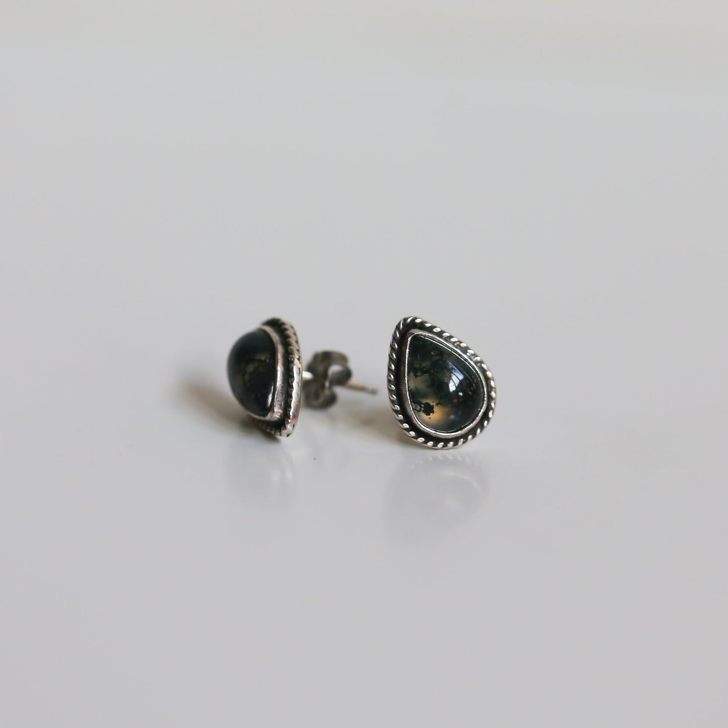Moss Agate Sterling Silver Post Earrings - Pear Cabochons