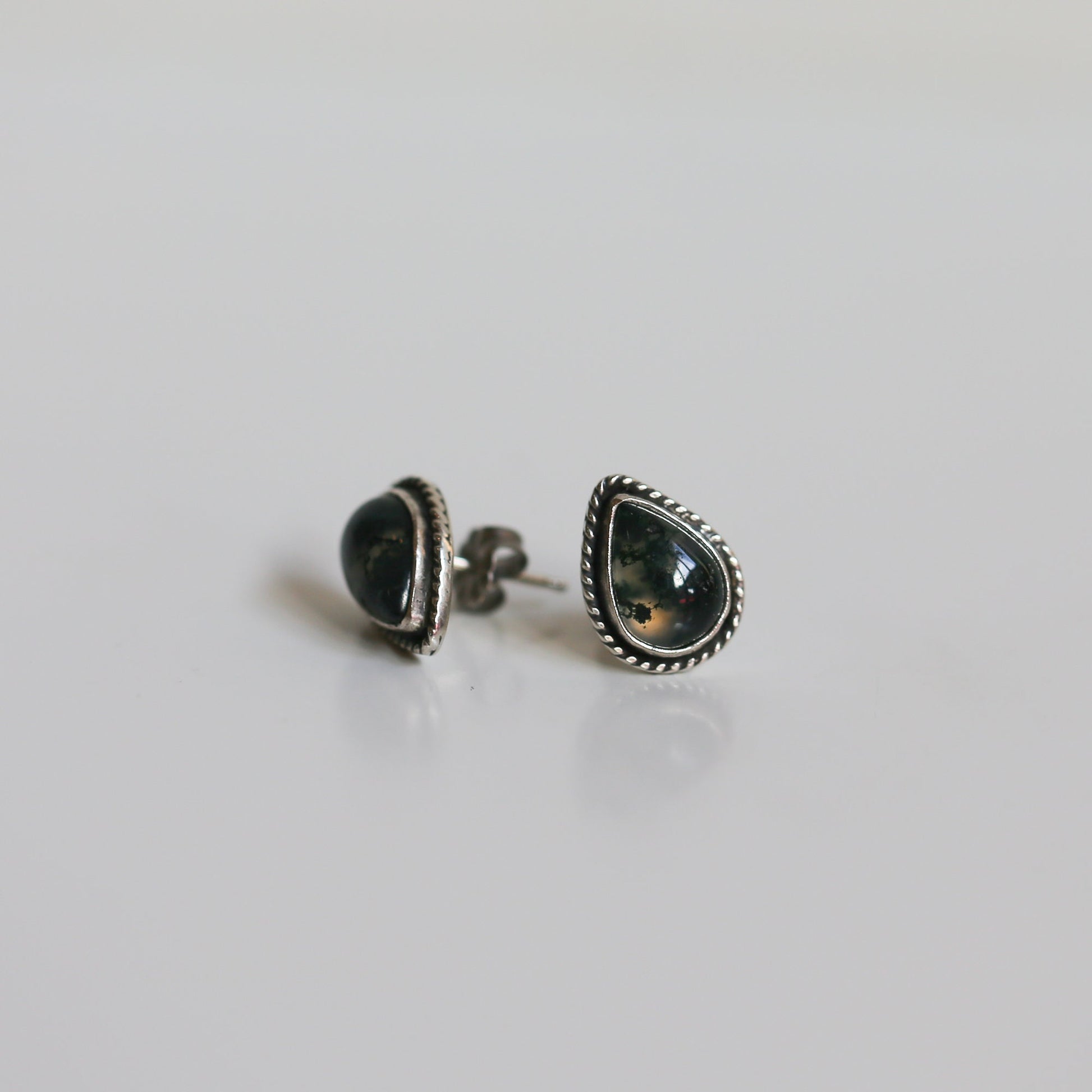 Moss Agate Sterling Silver Post Earrings - Pear Cabochons
