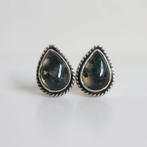 Moss Agate Sterling Silver Post Earrings - Pear Cabochons