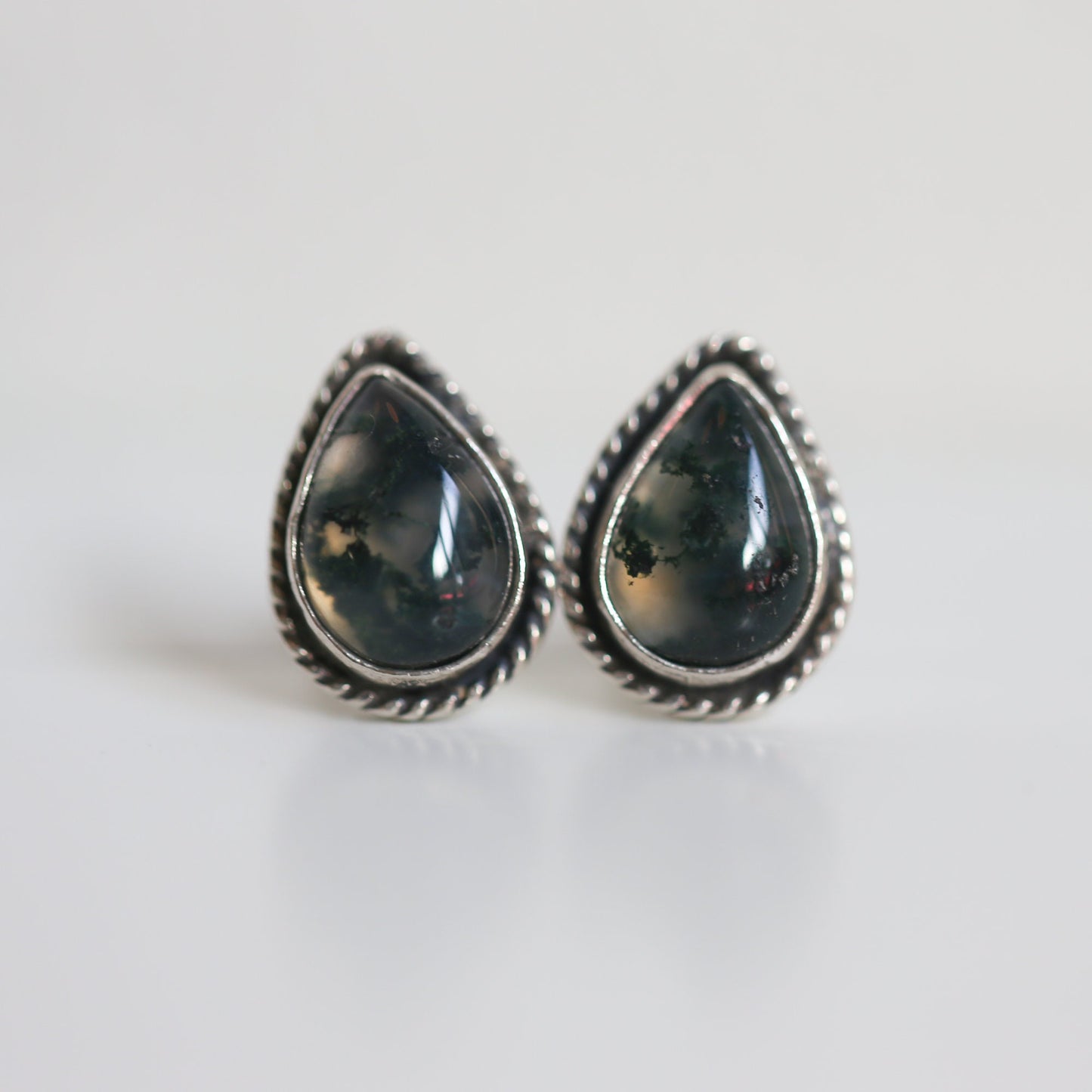 Moss Agate Sterling Silver Post Earrings - Pear Cabochons