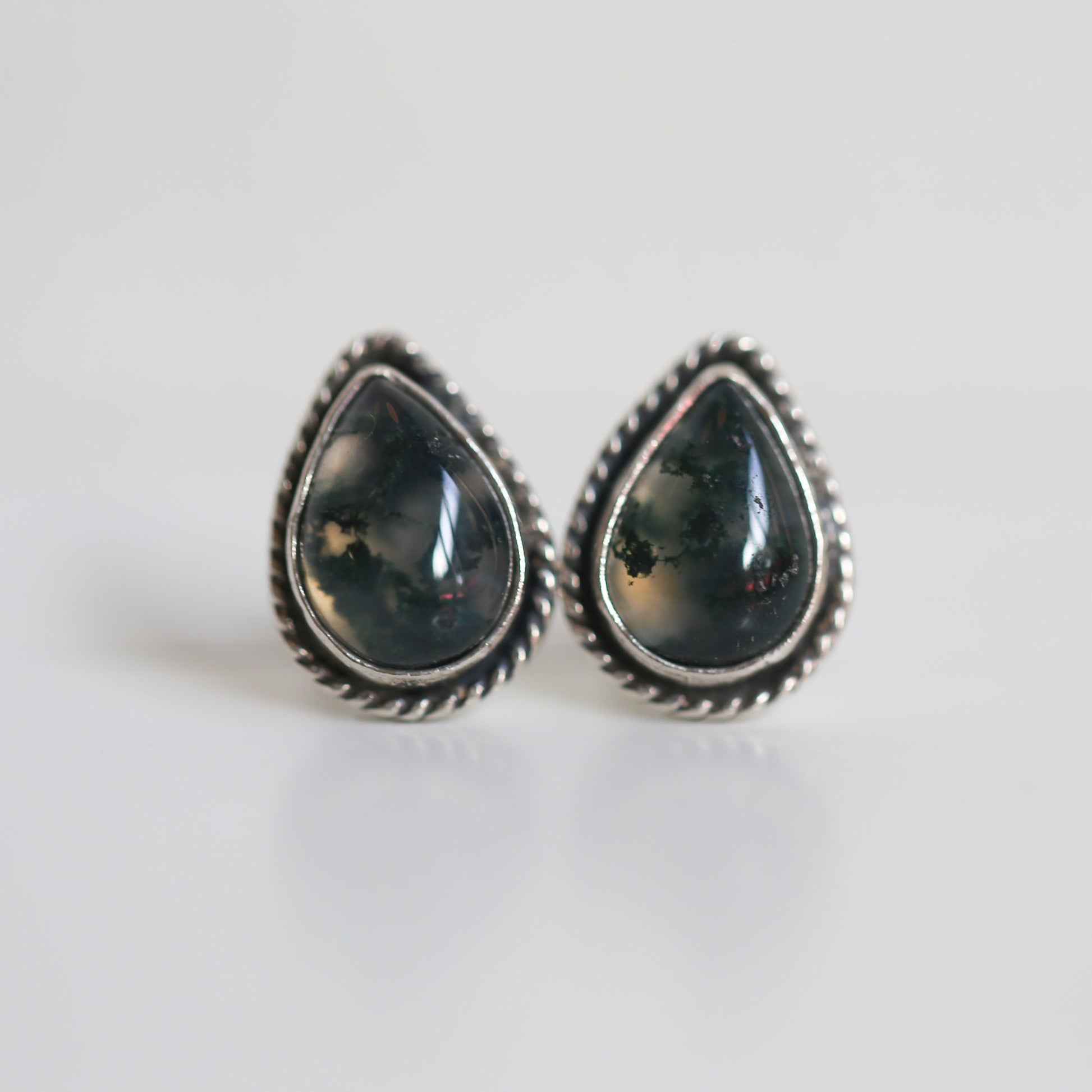 Moss Agate Sterling Silver Post Earrings - Pear Cabochons