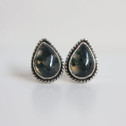 Moss Agate Sterling Silver Post Earrings - Pear Cabochons