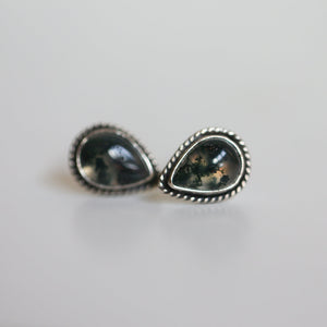 Moss Agate Sterling Silver Post Earrings - Pear Cabochons
