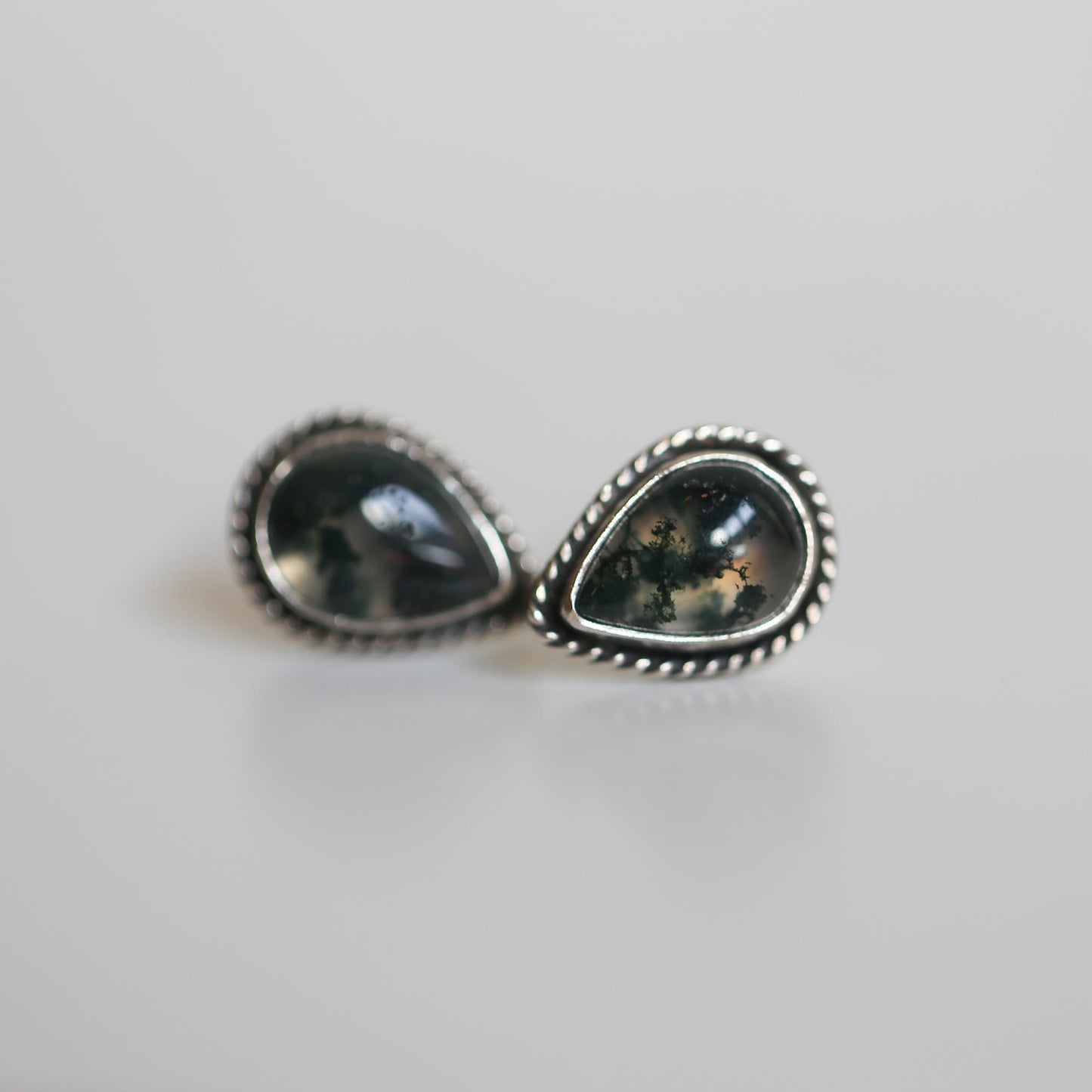 Moss Agate Sterling Silver Post Earrings - Pear Cabochons