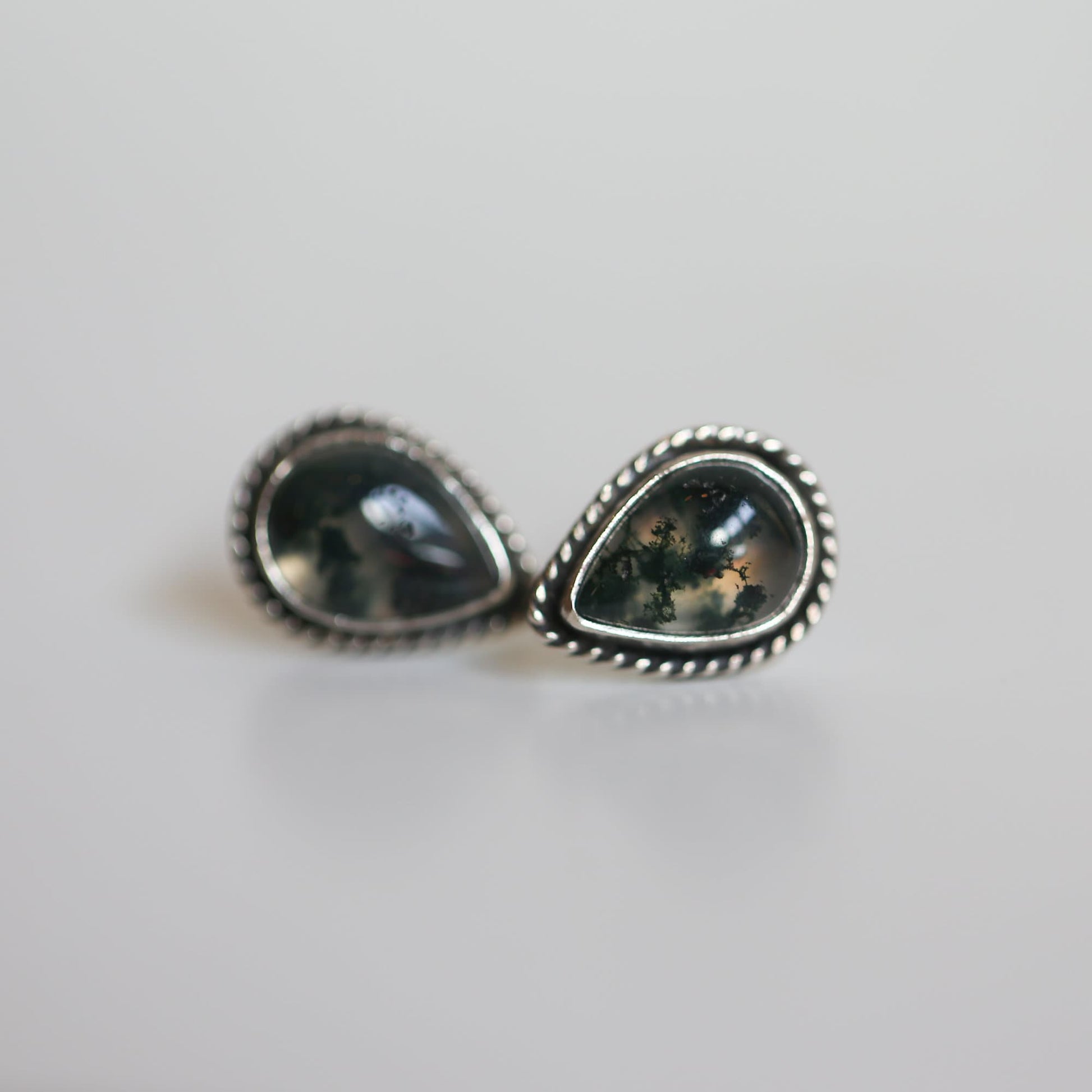 Moss Agate Sterling Silver Post Earrings - Pear Cabochons