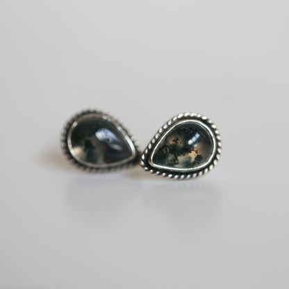 Moss Agate Sterling Silver Post Earrings - Pear Cabochons