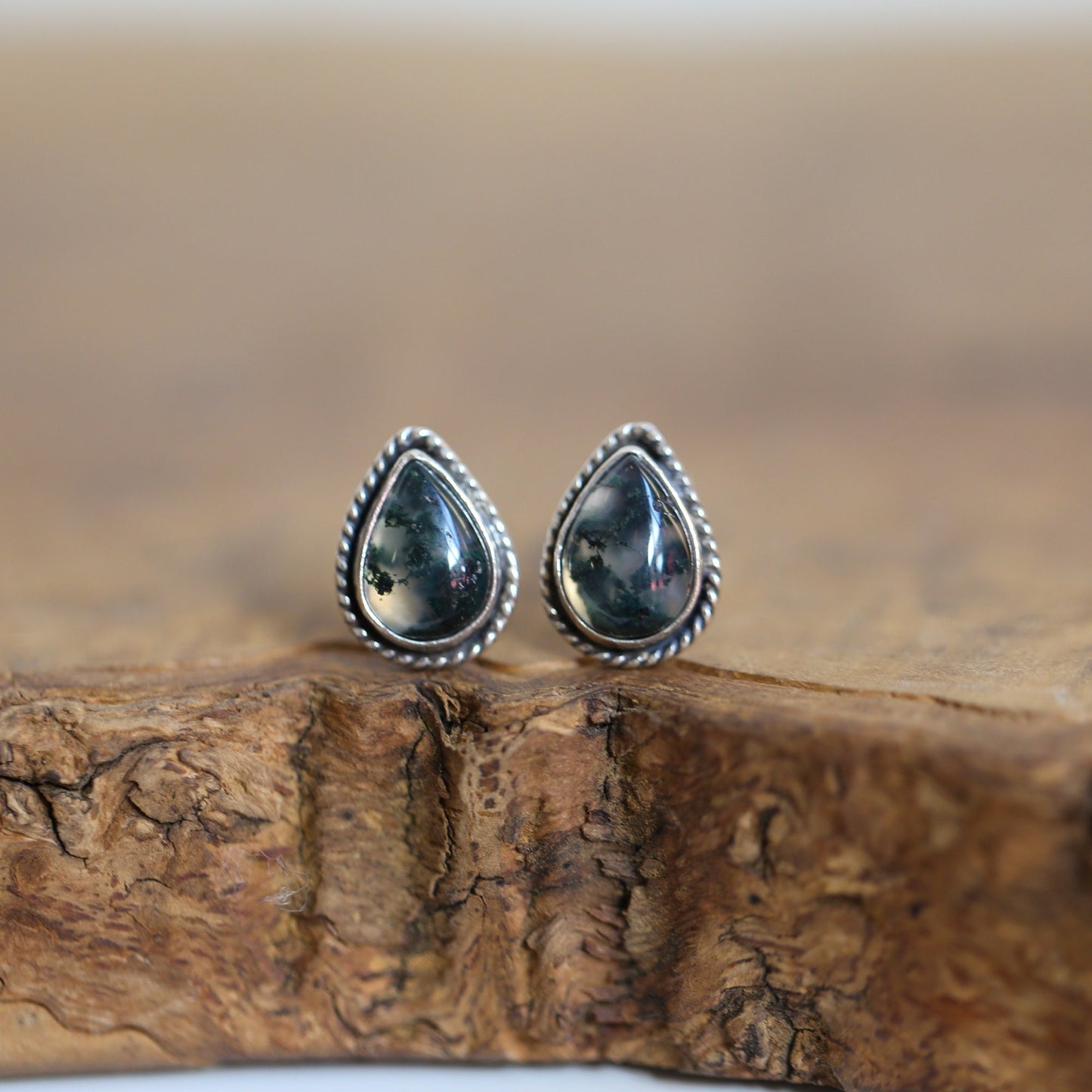 Moss Agate Sterling Silver Post Earrings - Pear Cabochons