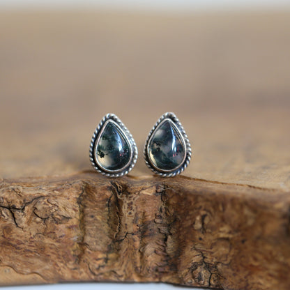 Moss Agate Sterling Silver Post Earrings - Pear Cabochons
