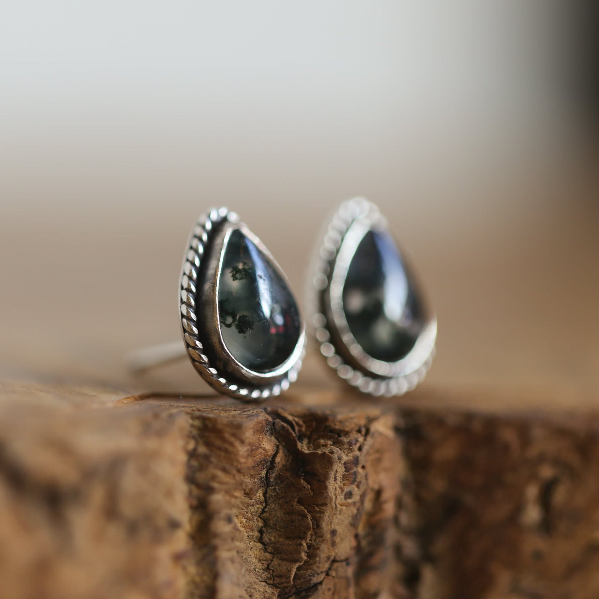 Moss Agate Sterling Silver Post Earrings - Pear Cabochons