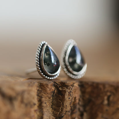 Moss Agate Sterling Silver Post Earrings - Pear Cabochons