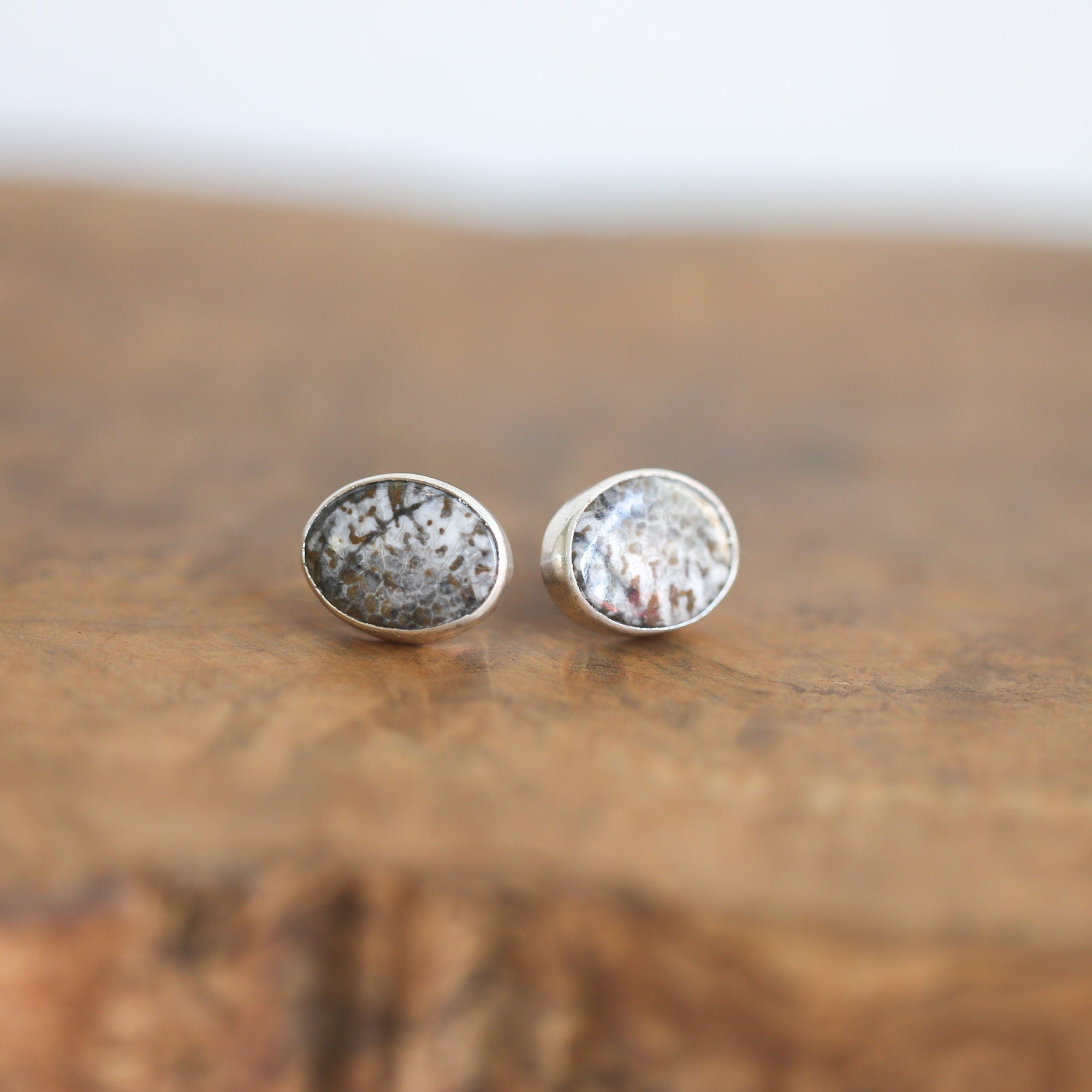 Fossilized Coral Post Earrings - Black Grey Fossil Coral Earrings - Sterling Silver