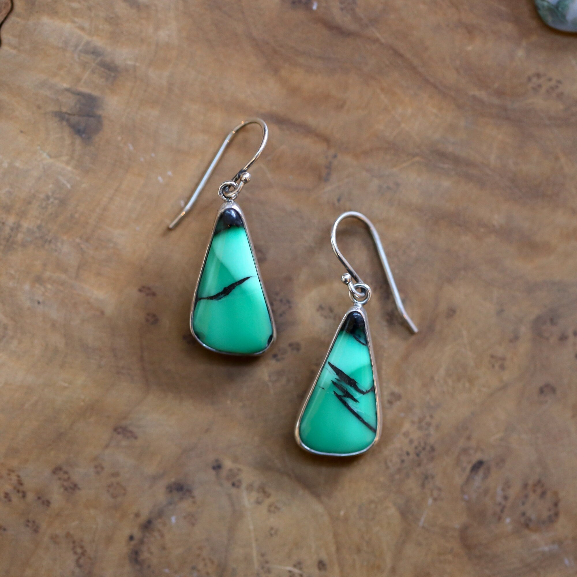 Green Variscite Drop Earrings - Emerald Rose Variscite Earrings - Sterling Silver