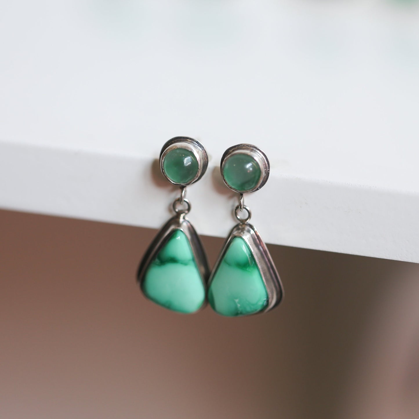 Emerald Rose Variscite & Green Jade Sterling Silver Drop Earrings