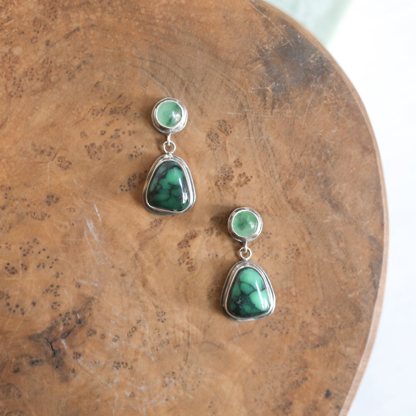 Emerald Rose Variscite & Green Jade Sterling Silver Drop Earrings