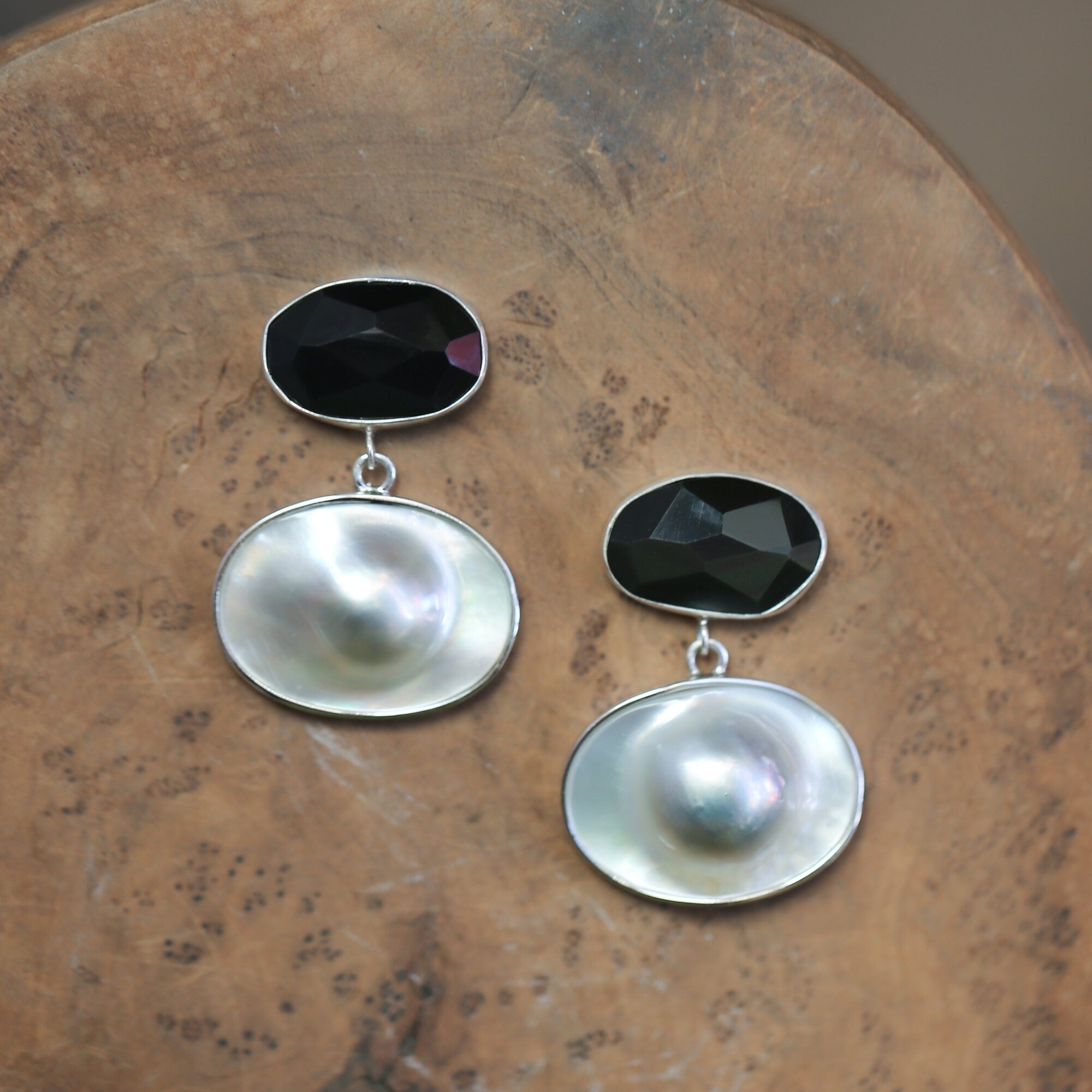 Rainbow Obsidian and Blister Pearl Earrings - Elegant Post Drops - Sterling Silver