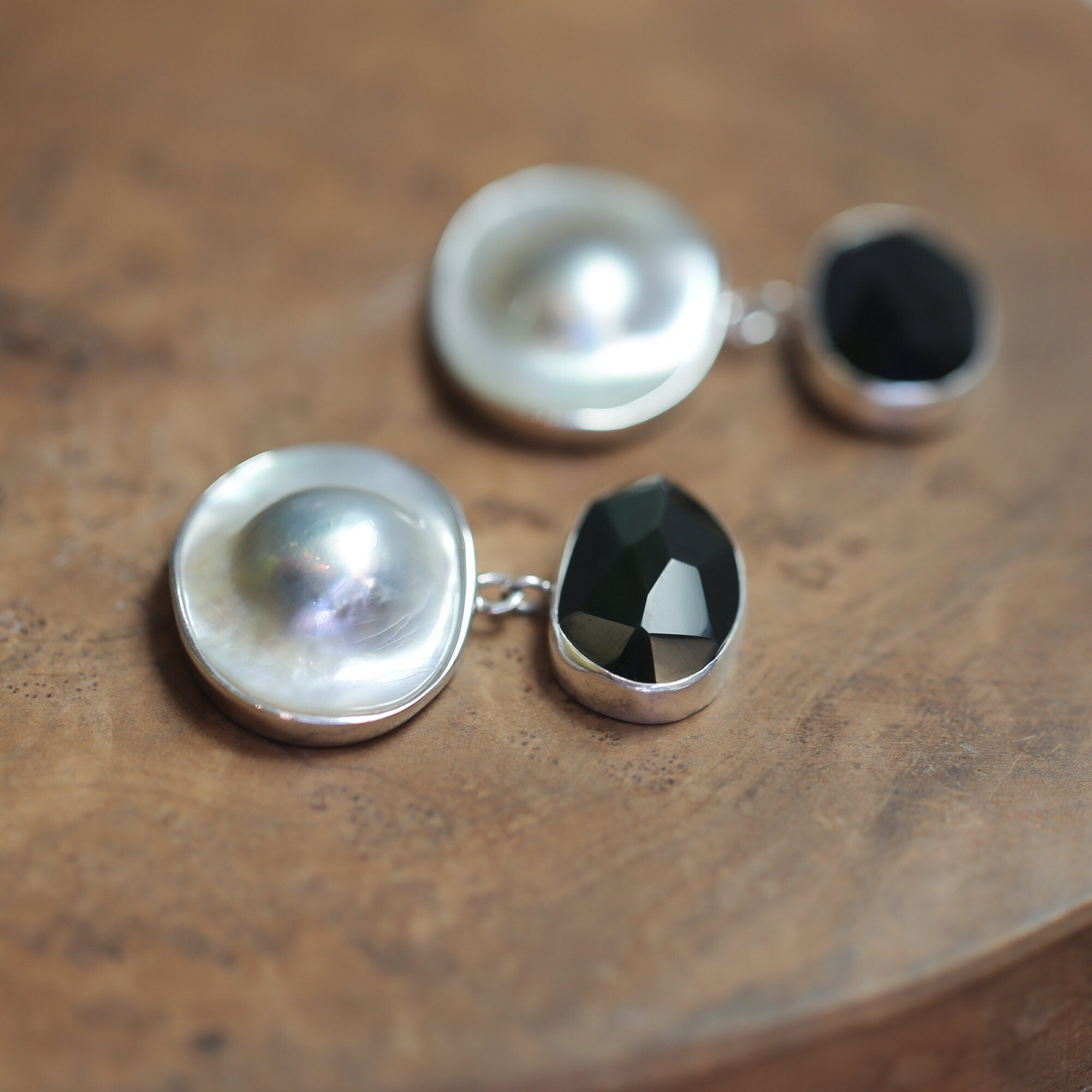 Rainbow Obsidian and Blister Pearl Earrings - Elegant Post Drops - Sterling Silver