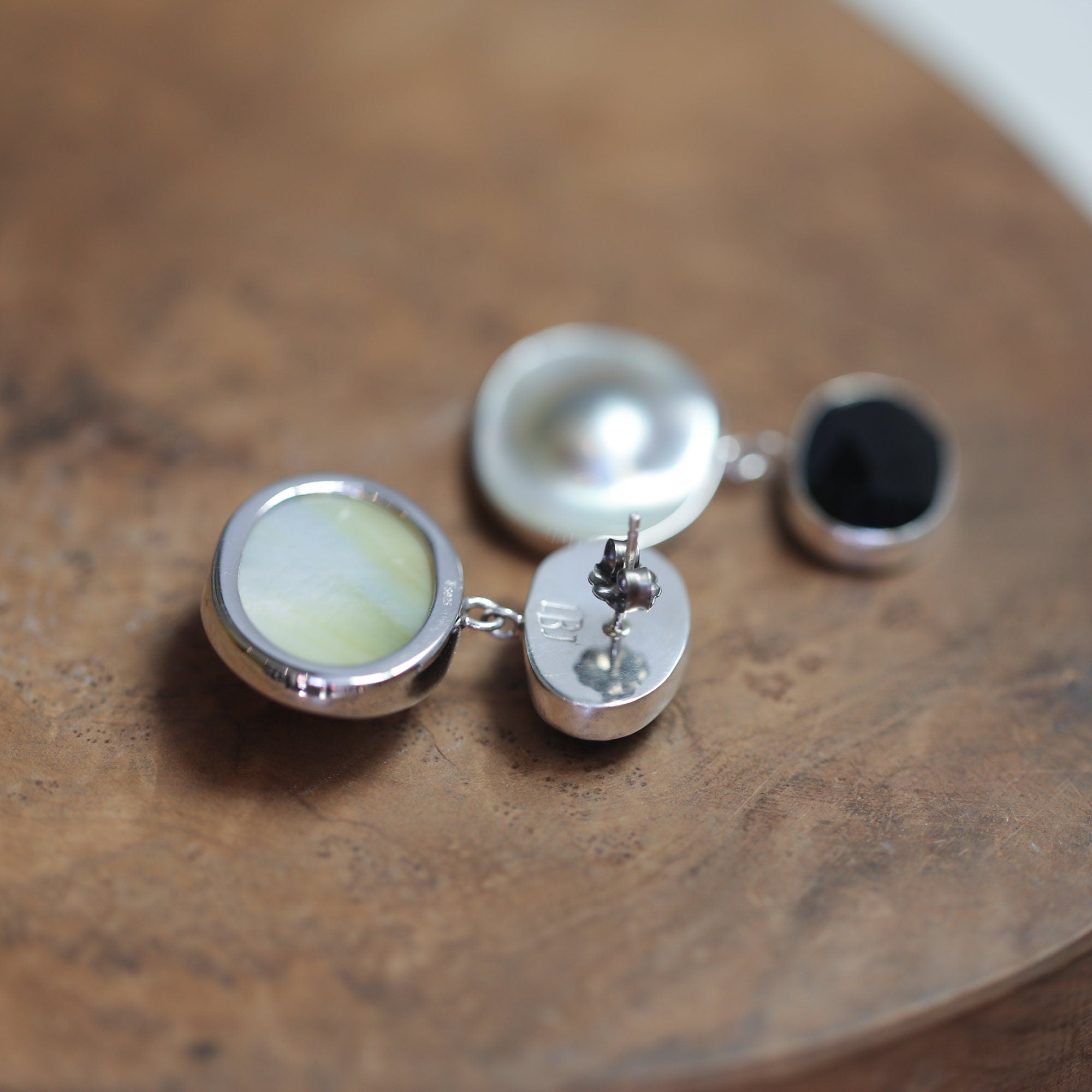 Rainbow Obsidian and Blister Pearl Earrings - Elegant Post Drops - Sterling Silver