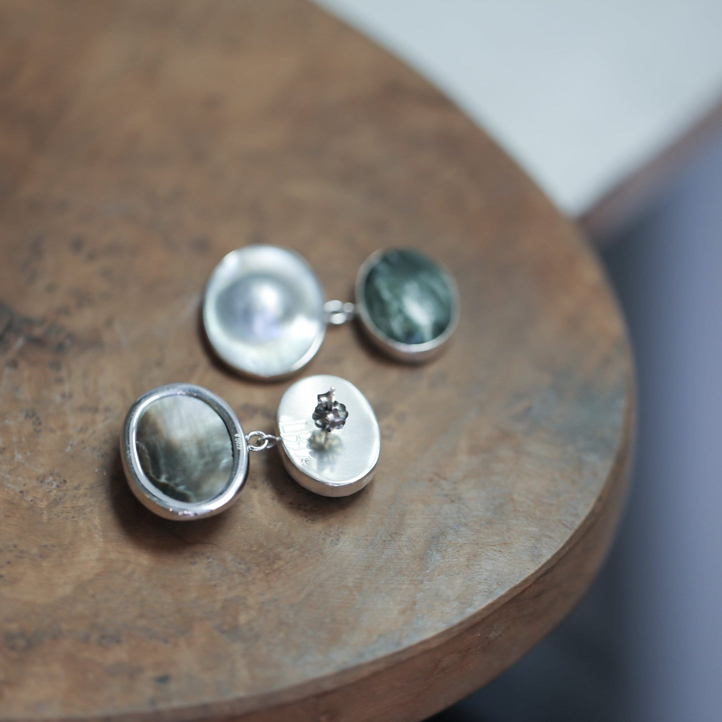 Handmade Seraphinite and Blister Pearl Sterling Silver Earrings
