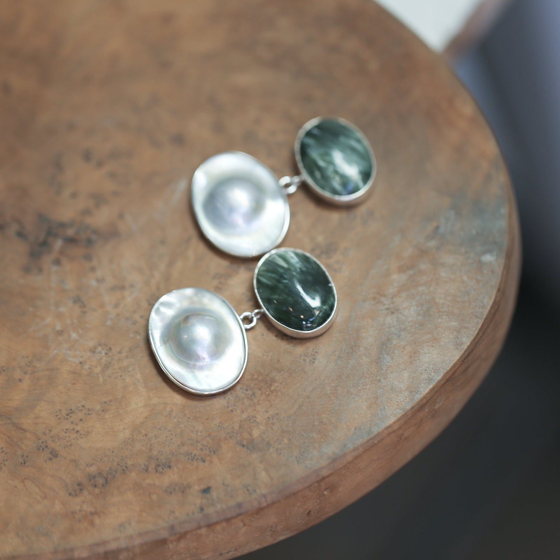 Handmade Seraphinite and Blister Pearl Sterling Silver Earrings