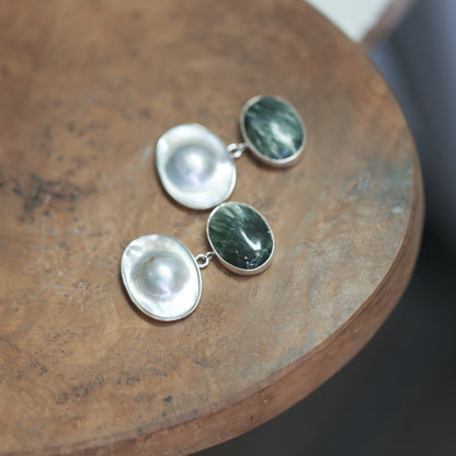 Handmade Seraphinite and Blister Pearl Sterling Silver Earrings